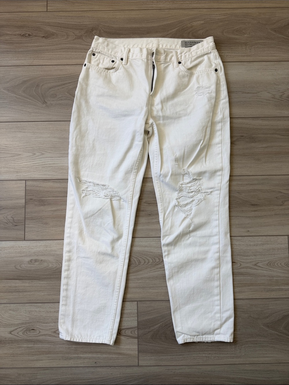 All Saints White Straight Leg Distressed Jeans